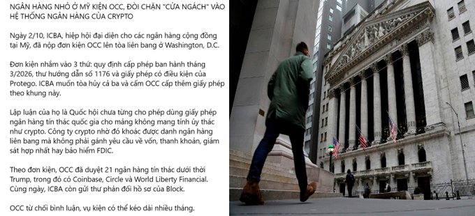 A Vietnamese-language news article titled 'NGÂN HÀNG NHỎ Ở MỸ KIỆN OCC' is displayed alongside a photo of a person walking toward the New York Stock Exchange building.