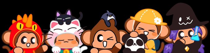 A group illustration of cute cartoon characters, including monkeys, cats, and a witch, dressed in various costumes like a dragon, samurai, and cowboy.