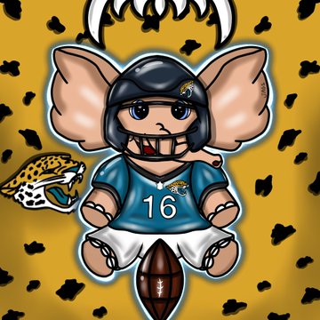 A cartoon mascot of a Jaguars football player mouse with large ears, wearing a helmet and jersey number 16, holding a football against a yellow leopard-print background with a Jaguars logo.
