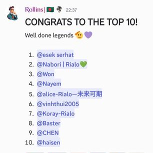 A social media post from "Rollins" at 22:37 with the message "CONGRATS TO THE TOP 10!" followed by a numbered list of usernames including @esek_serhat, @Nabori | Rialo, @Won, and others.