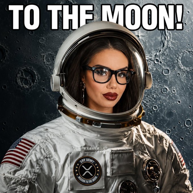 Meme image featuring a woman wearing glasses in an astronaut helmet with 'TO THE MOON!' text at the top and 'XRP ARMY MISSION TO THE MOON' patch on her spacesuit against a lunar background.