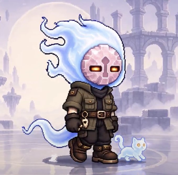 A digital illustration of a chibi-style character with a glowing white mask, flowing blue flame-like hair, and a small blue ghostly cat companion, wearing tactical gear.