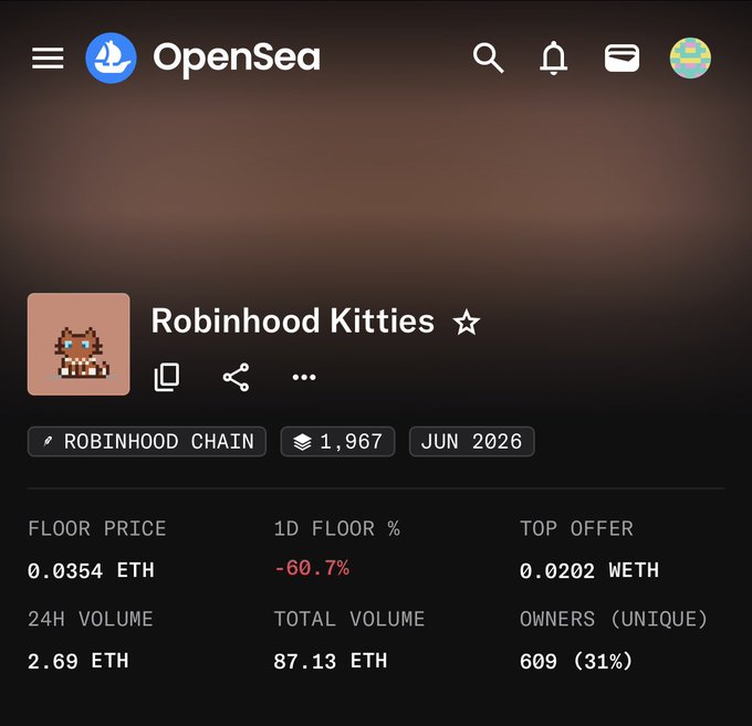 The image shows the OpenSea listing page for the "Robinhood Kitties" NFT collection on the Robinhood Chain, displaying a floor price of 0.0354 ETH, a steep -60.7% 1D floor drop, 24H volume of 2.69 ETH, and 609 unique owners. This relates to the post by showcasing the volatile, competitive market activity of Robinhood Chain NFTs, where the sharp floor price decline and active bidding reflect the intense "pvp" trading atmosphere the poster describes.