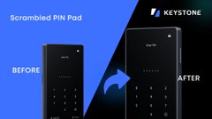 The image showcases a "Scrambled PIN Pad" feature from Keystone, displaying a side-by-side comparison of the device's PIN pad layout "BEFORE" (numerically ordered) and "AFTER" (randomly arranged) to enhance security against shoulder surfing. This visual directly supports the post's message about using the randomized PIN pad setting for added protection, alongside the alternative option of using the fingerprint sensor for signing transactions without a PIN.