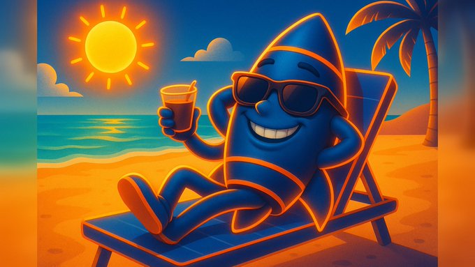 An illustrated blue character wearing sunglasses lounges on a beach chair with a drink, set against a sunny beach background with palm trees.