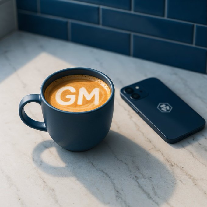A dark blue coffee mug with 'GM' latte art sitting on a marble counter next to a smartphone displaying a similar wallet logo, with blue subway tiles in the background.