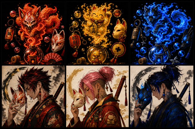 A collage of six illustrations featuring Japanese-themed characters with fox masks and katana swords, alongside three glowing maneki-neko (lucky cats) in red, gold, and blue.