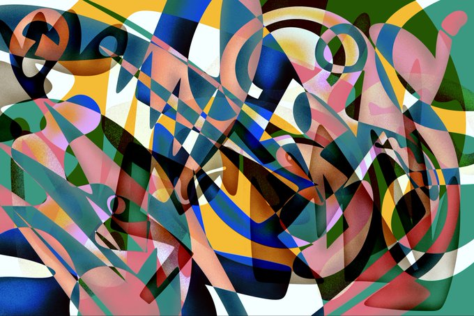 A vibrant abstract digital artwork featuring interlocking geometric shapes, curves, and fragmented forms in a rich palette of pinks, blues, greens, yellows, and earth tones, evoking a dynamic and energetic composition reminiscent of Cubist-inspired poolside leisure and summer playfulness.