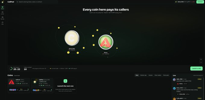 A screenshot of the CalliPad crypto token launchpad website featuring solar system-themed graphics for SOLPAD and BSALL tokens, with a countdown timer at 25:22 and a live chat panel on the right.