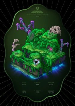 A digital artwork features a green, swampy island with a skull, glowing mushrooms, and twisted trees, set against a dark background with a 'DONATION (10%)' label at the bottom.