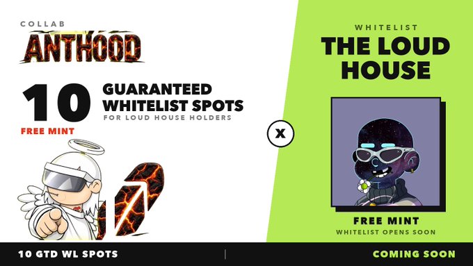 Promotional collaboration graphic between "COLLAB ANTHOOD" and "THE LOUD HOUSE" NFT projects, advertising "10 GUARANTEED WHITELIST SPOTS" as a "FREE MINT" for Loud House holders, featuring cartoon angel and skull characters, with the right side noting "WHITELIST OPENS SOON COMING SOON."