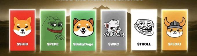 The image displays six colored cryptocurrency-themed logo cards featuring meme icons—a Shiba Inu dog, Pepe frog, smaller Shiba, a white "Wild Cat," the Trollface meme, and a Viking-helmeted Shiba—each labeled with tickers $SHIB, $PEPE, $BabyDoge, $WKC, $TROLL, and $FLOKI. The cards visually illustrate the post's caption highlighting these six tokens as "hidden crypto gems" and potential "moonshots" of the week.