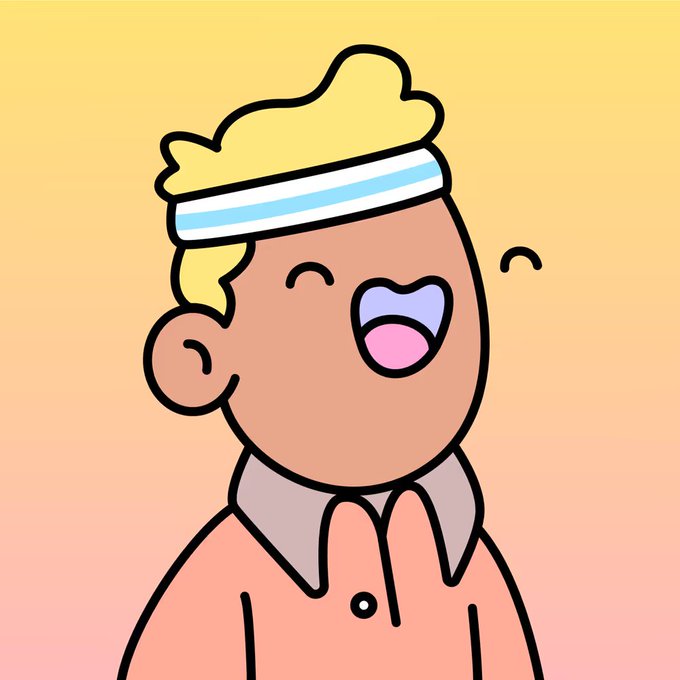 A cartoon illustration of a blonde-haired character wearing a white headband and pink polo shirt, smiling cheerfully against a pastel gradient background.