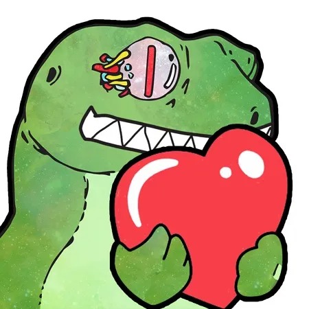 A cartoon green dinosaur affectionately hugs a red heart, symbolizing gratitude and community appreciation—fitting for the post celebrating the launch of a real NFT collection and thanking @Collector_Crypt, @lagunacarta, and @OliverMaroney at OpenSea for their help in preventing fraud.