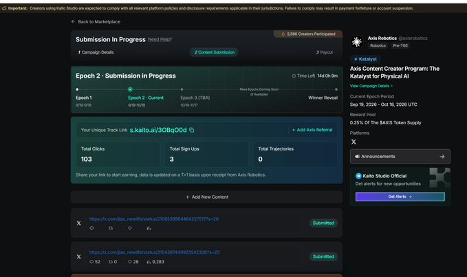 A screenshot of the Kaito Studio Creator Program dashboard for Axis Robotics, showing a "Submission in Progress" page for Epoch 2 (September 19 - October 17) of a campaign running from September 18 to October 18, 2026 UTC, with a unique track link (s.kaito.ai/30BqD0d), 103 total clicks, 3 sign-ups, and two submitted X posts.