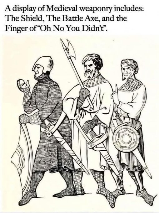 A medieval illustration shows three armored warriors wielding weapons, with text at the top reading: "A display of Medieval weaponry includes: The Shield, The Battle Axe, and the Finger of 'Oh No You Didn't'." The meme humorously adds a defiant "finger" gesture to traditional weaponry, reflecting the playful, community-spirited tone of the accompanying post celebrating $MfT.