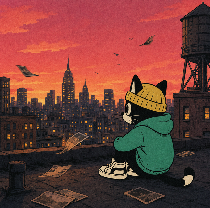 A stylized digital illustration of a black cat wearing a yellow beanie and teal hoodie, sitting on a rooftop overlooking a city skyline at sunset with scattered papers and a water tower nearby.
