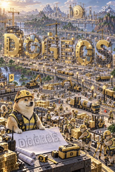 A Shiba Inu wearing a construction hard hat oversees a bustling industrial site where workers build massive golden "DOGECOIN" letters and structures marked with the Dogecoin "Ð" symbol, visually bringing the caption "We are building the home of the doge economy" to life through its literal depiction of constructing the Dogecoin ecosystem.
