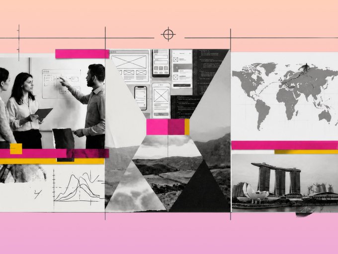 A graphic-design style collage featuring wireframes, a world map, a city skyline (Singapore's Marina Bay Sands), and a team planning at a whiteboard — visually representing the global product-building scope of Codex's Senior Product Manager role for cross-border payments. The accompanying text advertises the hiring position at codex.xyz/careers/senior.