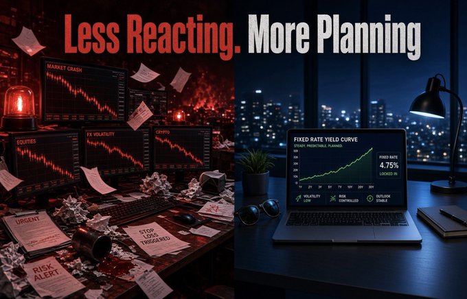 A split-screen graphic with the text 'Less Reacting. More Planning' comparing a chaotic desk with falling papers, declining charts (Market Crash, Equities, FX Volatility, Crypto) and a red alarm light on the left, to a clean, organized desk with a laptop showing a 'FIXED RATE YIELD CURVE - 4.75% LOCKED IN' chart on the right.