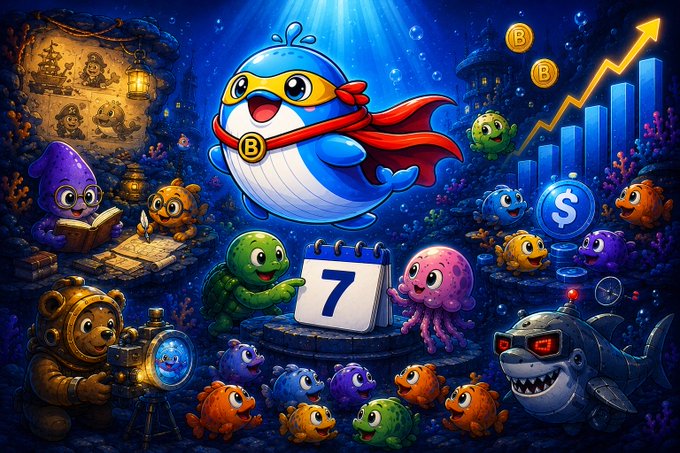 A vibrant digital illustration features a whale mascot wearing a superhero cape and a Bitcoin medallion, surrounded by cartoon sea creatures, a treasure map, an underwater shark, and a rising bar chart with Bitcoin and dollar signs.