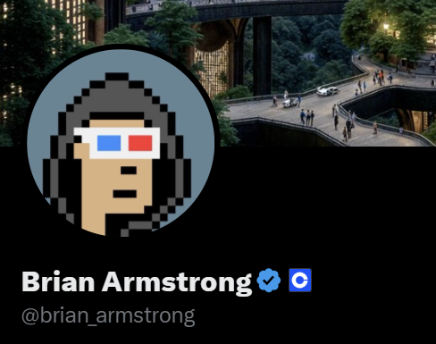 A profile display showing Brian Armstrong (@brian_armstrong) with a verified badge and a pixel-art avatar wearing 3D glasses, set against a background image of a city bridge.