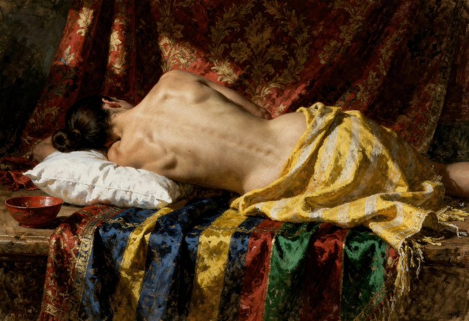 The image features a painting of a woman lying down with her back facing away from the viewer, wearing a yellow and blue striped towel over her head. The background includes a red curtain that adds depth to the scene. The artist has used a variety of colors in this piece, including shades of yellow, blue, green, and red. The image is accompanied by a caption that reads "Omg !" followed by the price for the artwork, which is $0.