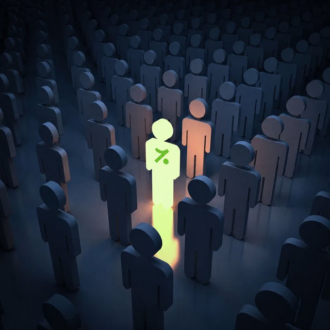 A 3D illustration of a crowd of dark gray humanoid figures with one glowing yellow/green figure in the center bearing a stylized 'X' or cross logo on its chest.
