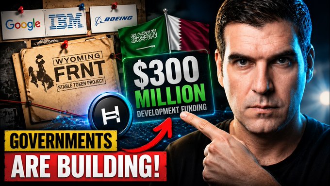 A man points at a graphic highlighting "$300 MILLION DEVELOPMENT FUNDING" for the Wyoming FRNT Stable Token Project featuring the Hedera (HBAR) logo, alongside logos of Google, IBM, Boeing, and the Saudi Arabian flag, with bold text declaring "GOVERNMENTS ARE BUILDING!"—visualizing the post's claim about tracking the $300 million HBAR development move.