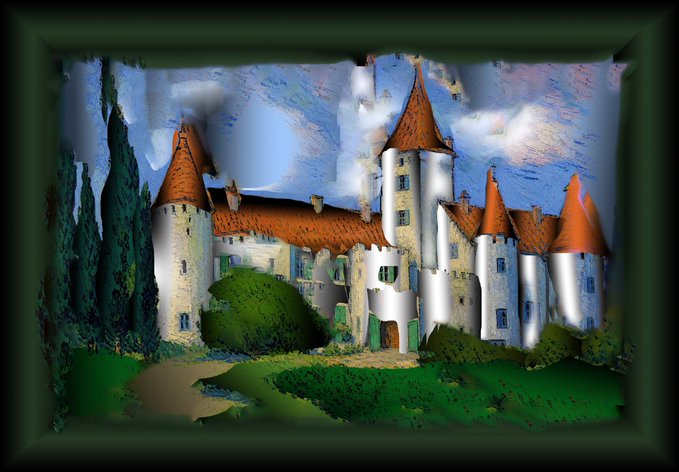 A digitally stylized painting of a fairytale castle with pointed red-tiled roofs and multiple towers, set within a green landscape and framed by a dark green border—matching the "castle" theme of the referenced objkt.com NFT token link.