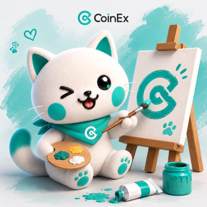 A 3D-rendered white cartoon cat character wearing a teal bandana with a 'G' logo paints the CoinEx logo on a canvas using teal paint, with paw prints decorating the scene.