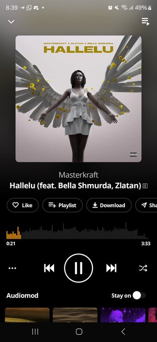 A Spotify music player screenshot showing the song 'Hallelu (feat. Bella Shmurda, Zlatan)' by Masterkraft, with the album art depicting an angel-winged woman.
