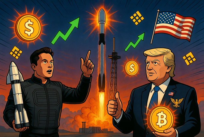 A cartoon illustration shows Elon Musk pointing upward beside a launching rocket, while a Donald Trump-like figure holds a glowing Bitcoin coin, with dollar signs, green uptrend arrows, an American flag, and cryptocurrency symbols scattered around them. The imagery visually echoes the post's theme of rocketing crypto-backed perpetual contracts, pairing Musk's space ambitions with Trump's embrace of Bitcoin and the rise of $SPCX, BTC, and ETH USD1 contracts.