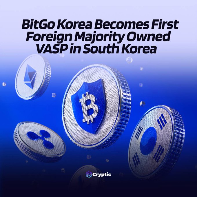 The image features a headline "BitGo Korea Becomes First Foreign Majority Owned VASP in South Korea" displayed above 3D renderings of cryptocurrency coins, including Bitcoin (with a shield logo), Ethereum, and XRP, set against a blue gradient background with the "Cryptic" logo at the bottom, visually representing BitGo Korea's milestone VASP registration as a foreign majority-owned digital asset custodian in South Korea.