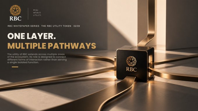 A promotional slide for the RBC Utility Token whitepaper titled 'ONE LAYER. MULTIPLE PATHWAYS' features a gold cube bearing the RBC logo connected to gold pathways, describing RBC's role in connecting ecosystem interaction forms.