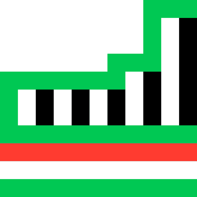 An abstract, pixelated graphic features blocks of solid green, white, and black colors, bisected by a horizontal red stripe.
