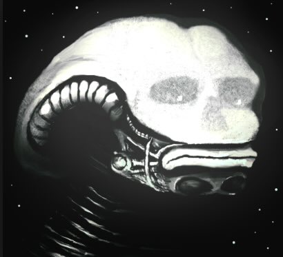 A black-and-white illustration depicts an astronaut helmet with a skull visible inside, set against a starry space background.