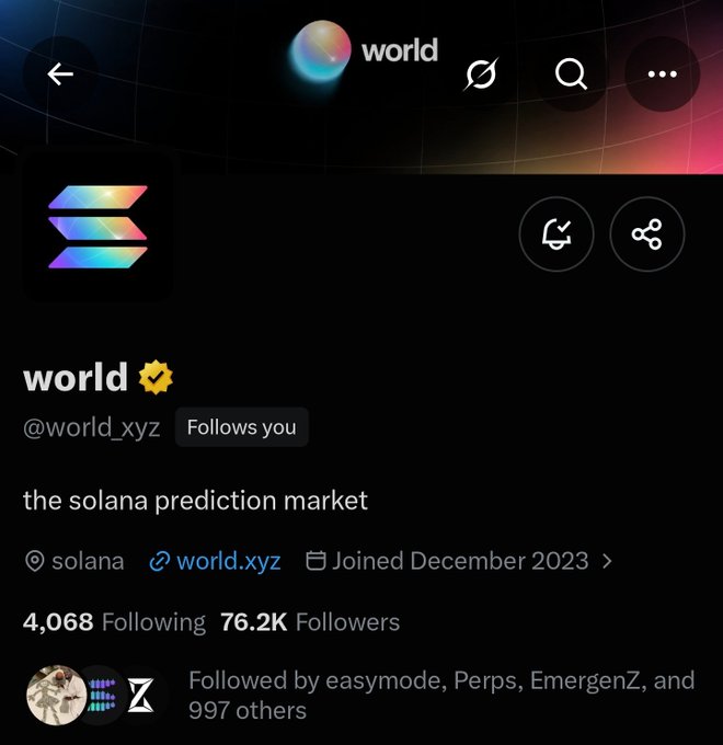 A Twitter/X profile page for the verified account "world" (@world_xyz) with 76.2K followers, described as "the solana prediction market," shown alongside a post celebrating a $319M airdrop on Solana and promoting the project's mutual love with its community.