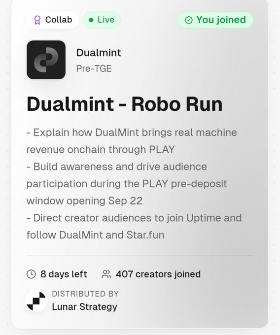 Collab campaign page for 'Dualmint - Robo Run' (Pre-TGE) with a 'You joined' status, 8 days left and 407 creators joined, distributed by Lunar Strategy.