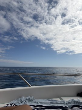 A first-person view from a boat deck looking out at calm ocean waters and a partly cloudy sky, capturing a relaxing moment at sea that complements the leisurely vibe of lounging comfortably and joking about retail trading portfolios.