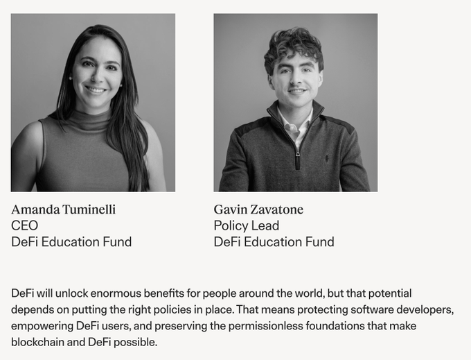 Amanda Tuminelli (CEO) and Gavin Zavatone (Policy Lead) of the DeFi Education Fund, pictured in a black-and-white professional headshot layout, contributed to the foreword of WalletConnect's Report on the State of Policy, Compliance and Regulation, emphasizing their vision for global crypto policy that protects software developers, empowers DeFi users, and preserves permissionless blockchain foundations.