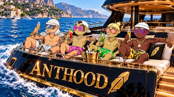 Digital artwork of four cartoon characters in swimwear and sunglasses lounging on the back of a luxury black and gold yacht labeled 'ANTHOOD' on the ocean.