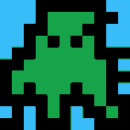 Pixel art of a green alien-like character, resembling a Space Invader, set against a blue background.