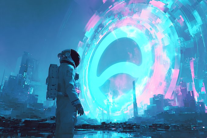 A digital artwork depicting an astronaut in a spacesuit standing before a futuristic cityscape, with a large glowing blue and pink circular portal or symbol in the background.