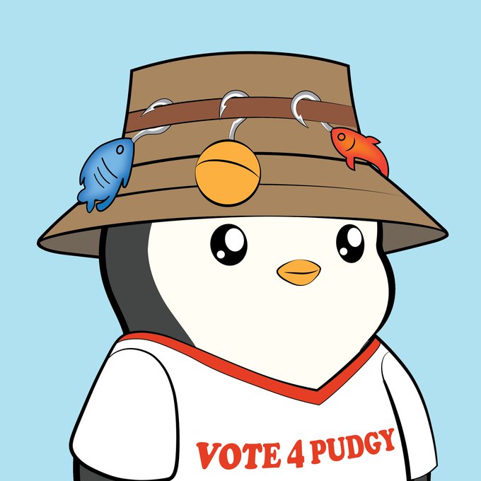 A cartoon Pudgy Penguin wearing a fishing hat with fish lures and a "VOTE 4 PUDGY" jersey, tied to the purchase of Pudgy Penguin #4659 for 3.800 ETH on OpenSea.