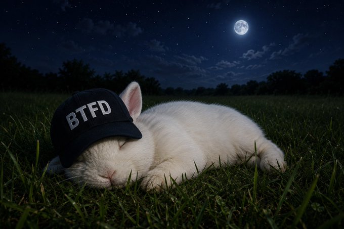 A white cat wearing a black 'BTFD' cap sleeps in grass under a starry night sky with a full moon.