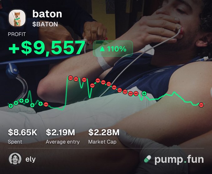 A person rests on a couch with a nasal cannula while a pump.fun trading dashboard overlay shows a +$9,557 (+110%) profit on the "$BATON" token, with $8.65K spent, a $2.19M average entry, and $2.28M market cap, illustrating the user's post about leaving their $BATON position open and missing a larger +$20K gain before scaling out.