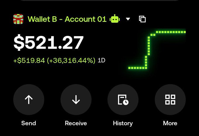 A crypto wallet interface for 'Wallet B - Account 01' displaying a balance of $521.27, up $519.84 (+36,316.44%) in one day, with Send, Receive, History, and More options.