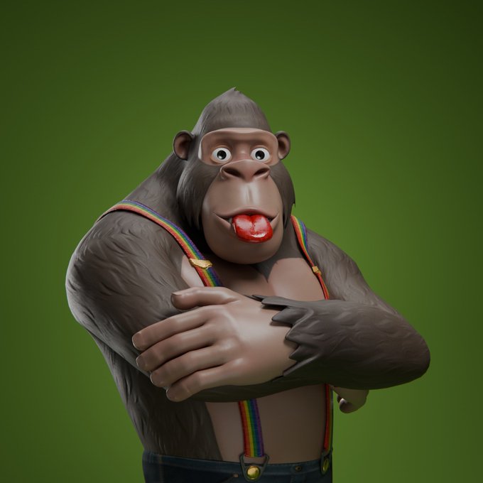 3D rendered cartoon gorilla with rainbow suspenders, arms crossed, wearing glossy red lipstick against a green background.