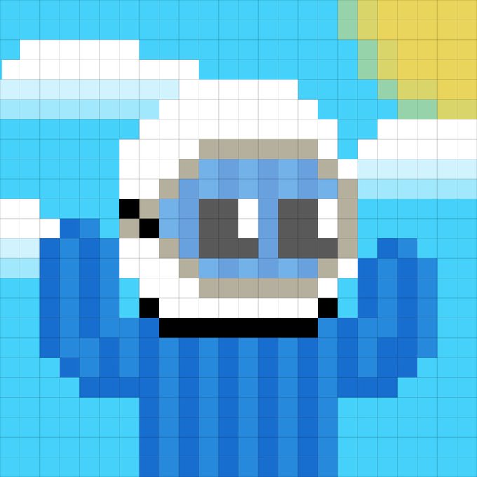 A pixel art illustration depicting a white figure with blue eyes, wearing a blue robe and white hat, set against a light blue background with a yellow square in the upper right corner, resembling a minimalist character design.